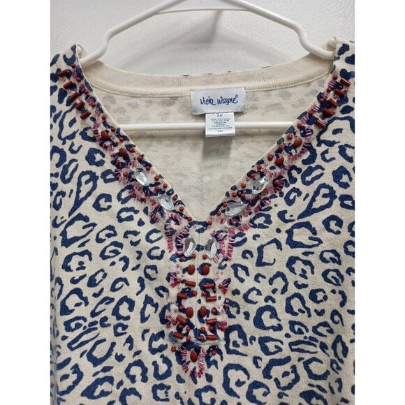 Vicki Wayne Womens Sweater 2X Off White Blue Animal Print Beaded V-Neck Pullover - Picture 2 of 8